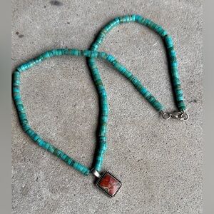 vintage Navajo sterling silver chain with hand carved turquoise beads and agate.